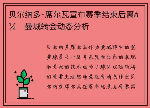 贝尔纳多·席尔瓦宣布赛季结束后离开曼城转会动态分析